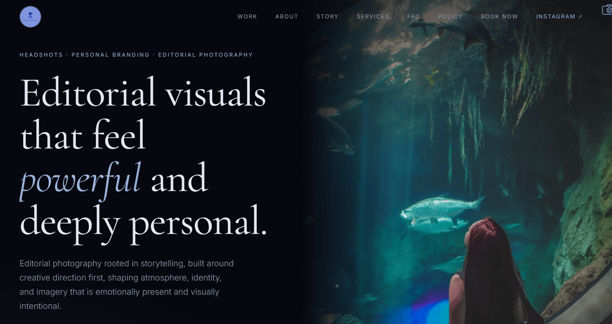Captura de pantalla del proyecto ZaboVisuals - Photography Portfolio - Pagina web de portafolio de fotografía profesional. Diseño elegante y moderno para mostrar el trabajo visual de manera impactante.